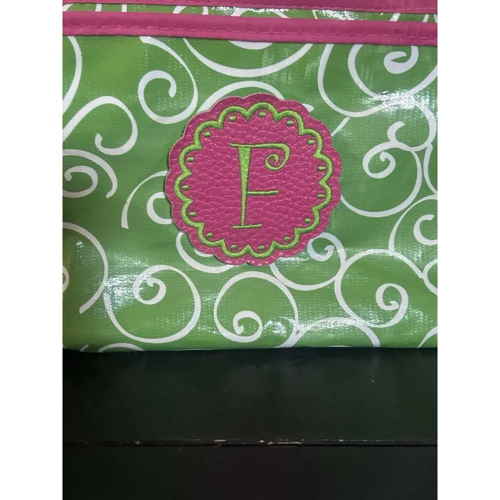 Monogram F Green Pink Swirl Cosmetic Makeup Bag Travel Organizer 10” 4”